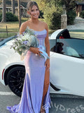 Dusty Blue Strapless Corset Rhinestone Mermaid Prom Dress with Draped Bust High Slit Lace-Up Back and Sweep Train