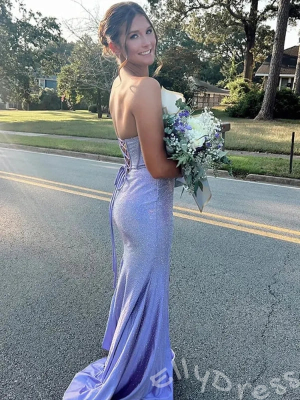 Dusty Blue Strapless Corset Rhinestone Mermaid Prom Dress with Draped Bust High Slit Lace-Up Back and Sweep Train