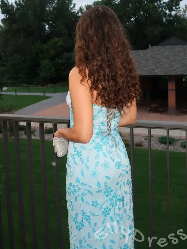 Ice Blue White Strapless Straight Neck Satin Bodice Full Sequin Floral Embroidered Sheath Prom Dress with 3D Leaf Floral Detail and Lace-Up Corset Back