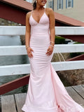 Blush Pink Spaghetti Strap Deep V-Neck Satin Mermaid Prom Dress with Ruched Waist Open Back Criss Cross Straps and Sweep Train