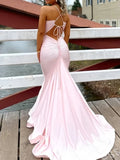 Blush Pink Spaghetti Strap Deep V-Neck Satin Mermaid Prom Dress with Ruched Waist Open Back Criss Cross Straps and Sweep Train