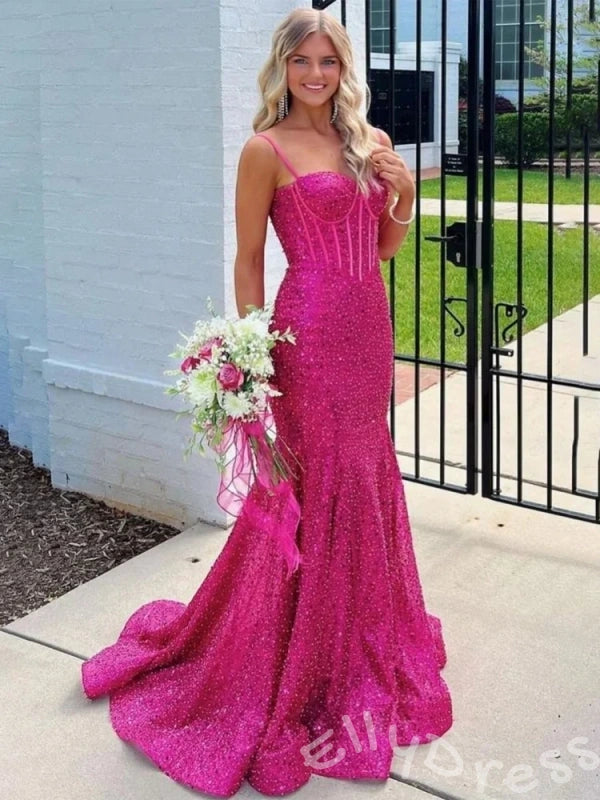 Fuchsia Spaghetti Strap Sweetheart Full Iridescent Sequin Mermaid Prom Dress with Sheer Boned Corset Bodice Pearl Beaded Detail Cinched Waist and Sweep Train