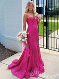 Fuchsia Spaghetti Strap Sweetheart Full Iridescent Sequin Mermaid Prom Dress with Sheer Boned Corset Bodice Pearl Beaded Detail Cinched Waist and Sweep Train