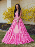 Barbie Pink Strapless Sweetheart Satin A-Line Ball Gown Prom Dress with Pleated Corset Bodice Pearl Beaded Neckline Oversized Bow Waist and Lace-Up Back