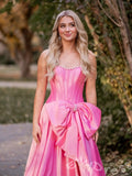 Barbie Pink Strapless Sweetheart Satin A-Line Ball Gown Prom Dress with Pleated Corset Bodice Pearl Beaded Neckline Oversized Bow Waist and Lace-Up Back