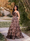 Leopard Print Strapless Sweetheart Black Lace Trim Tiered Ruffle A-Line Prom Dress with Animal Print Chiffon Corset Bodice Front High Slit Six-Layer Skirt and Lace-Up Back