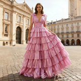 Pink Iridescent Wide Strap Bow Tie Deep V-Neck Tiered Cake Ball Gown Prom Dress with Metallic Jacquard Fabric Wide Waistband Eight-Layer Ruffles and Open Back